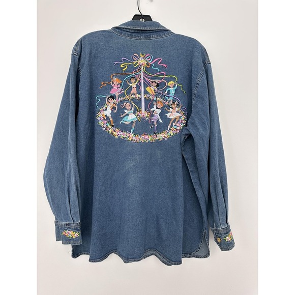 Bob Mackie Shirt Womens 1X Denim Embroidered Maypole Spring Button Floral Art To - Picture 1 of 11